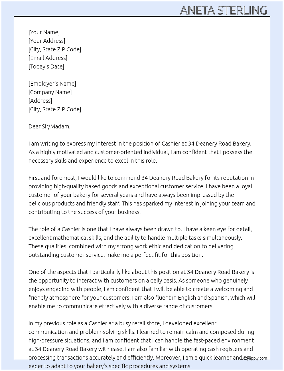 Cashier At 34 Deanery Road Bakery Cover Letter