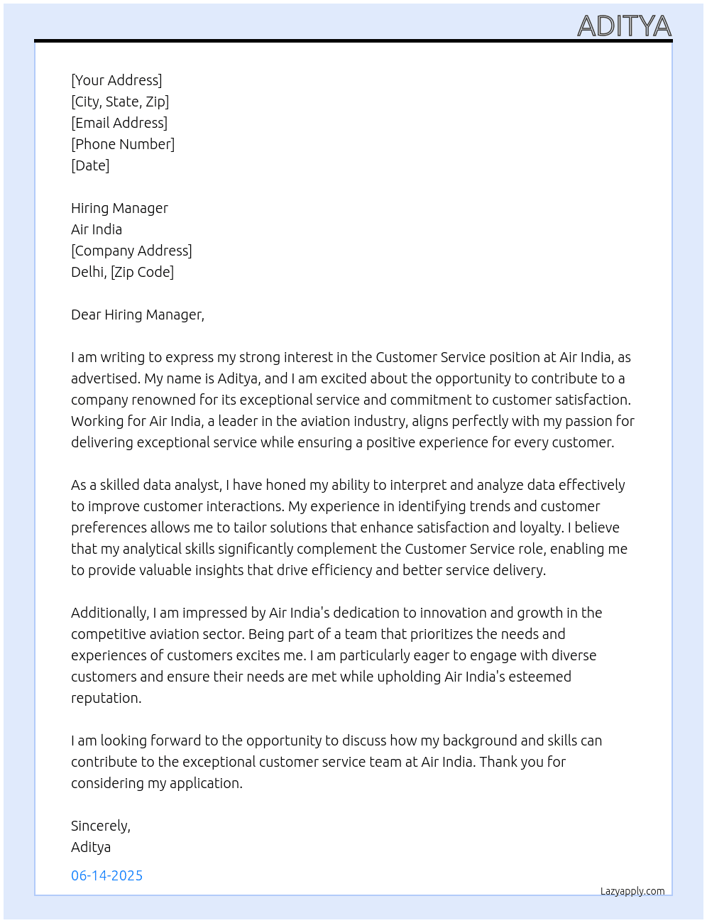 CUSTOMER SERVICE At AIR INDIA Cover Letter