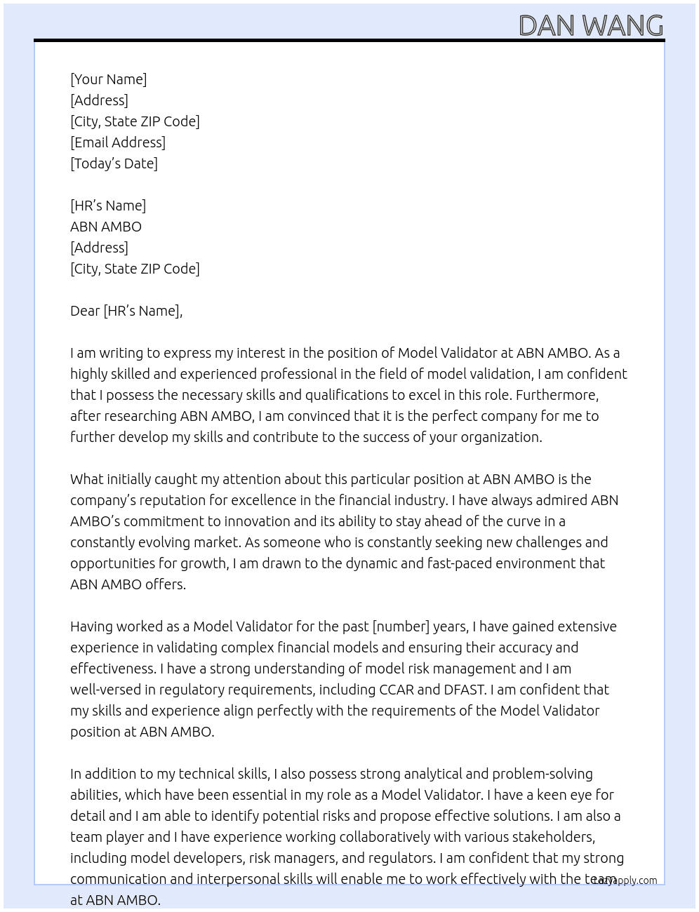 Model Validator At ABN AMBO Cover Letter