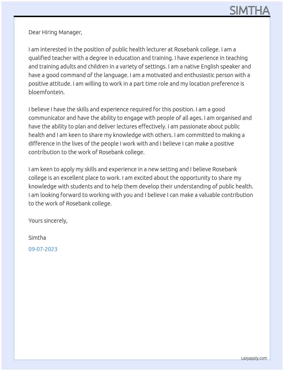 Public health  lecture At Rosebank college Cover Letter