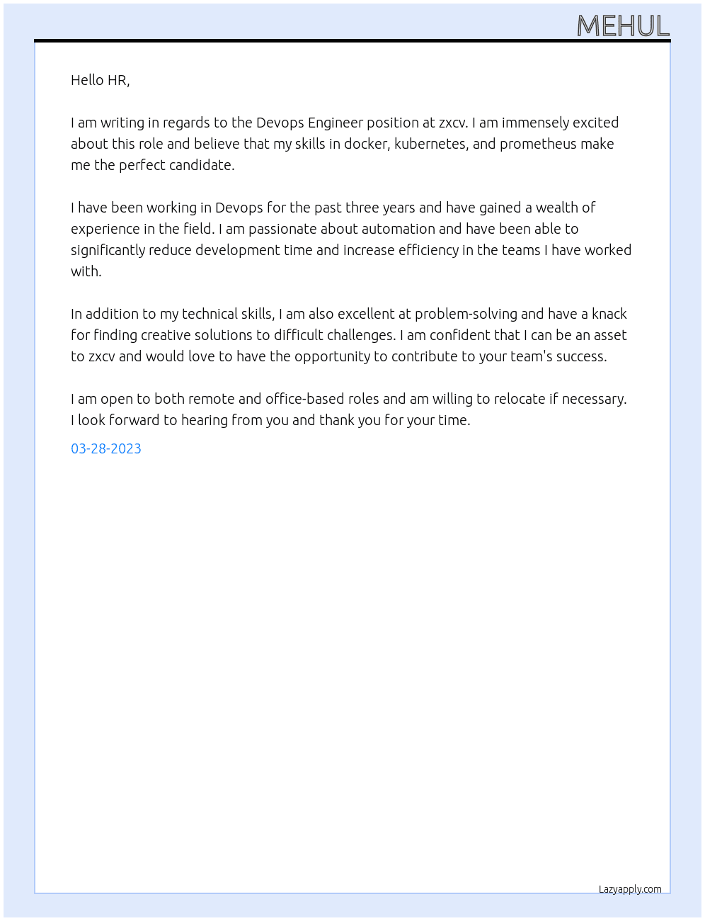 Devops Engineer At zxcv Cover Letter
