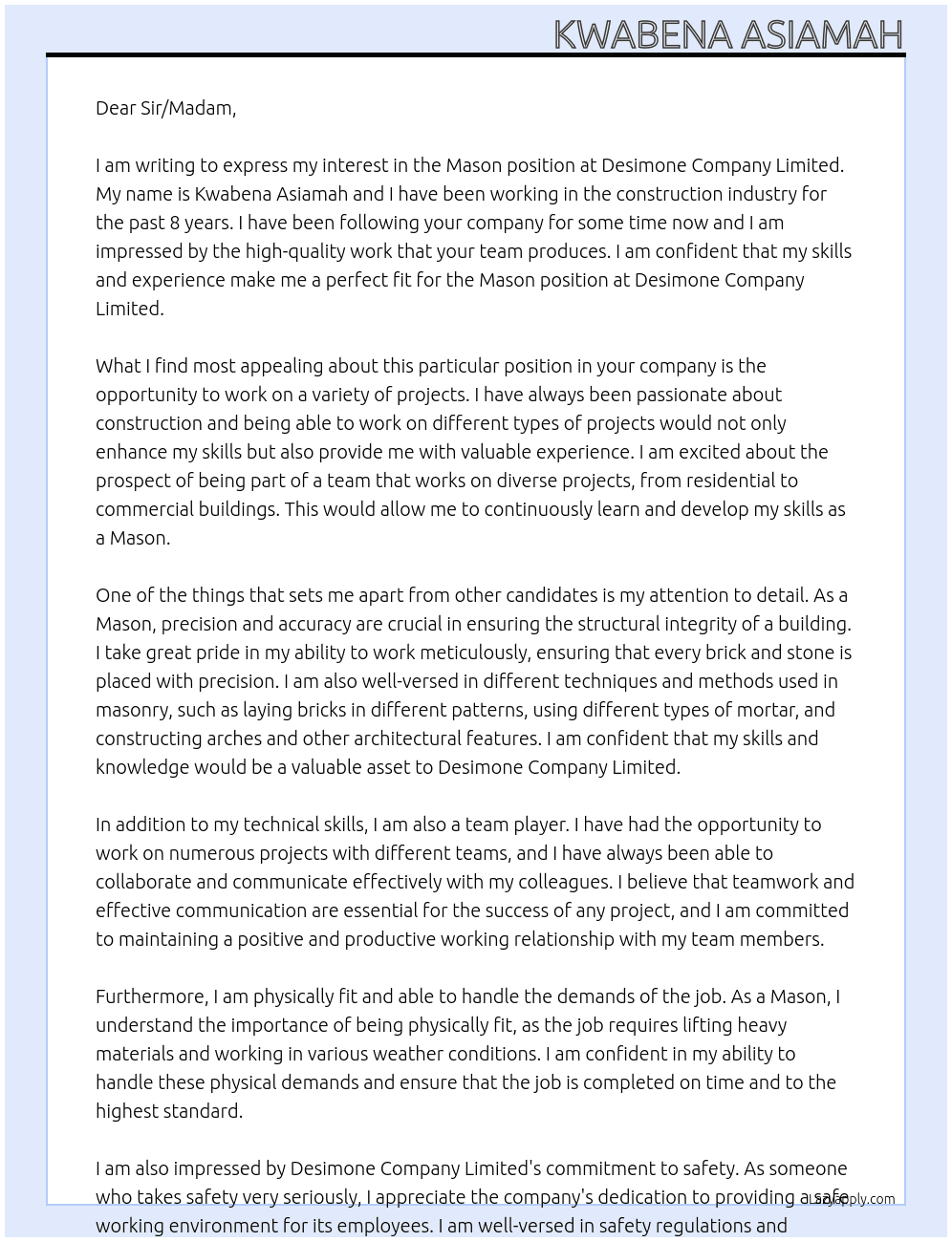Mason At Desimone Company Limited  Cover Letter
