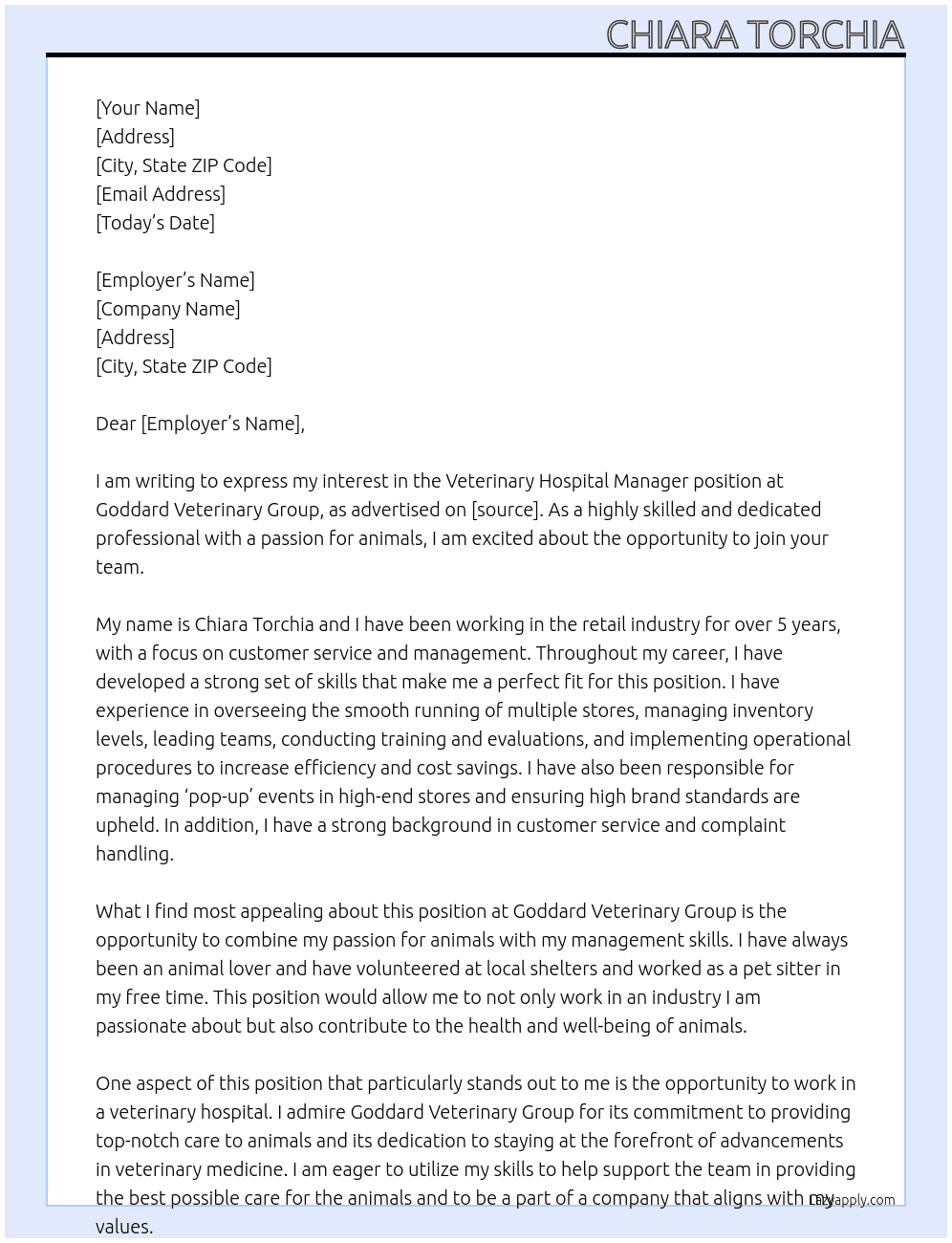 Veterinary Hospital Manager  At Goddard Veterinary Group Cover Letter