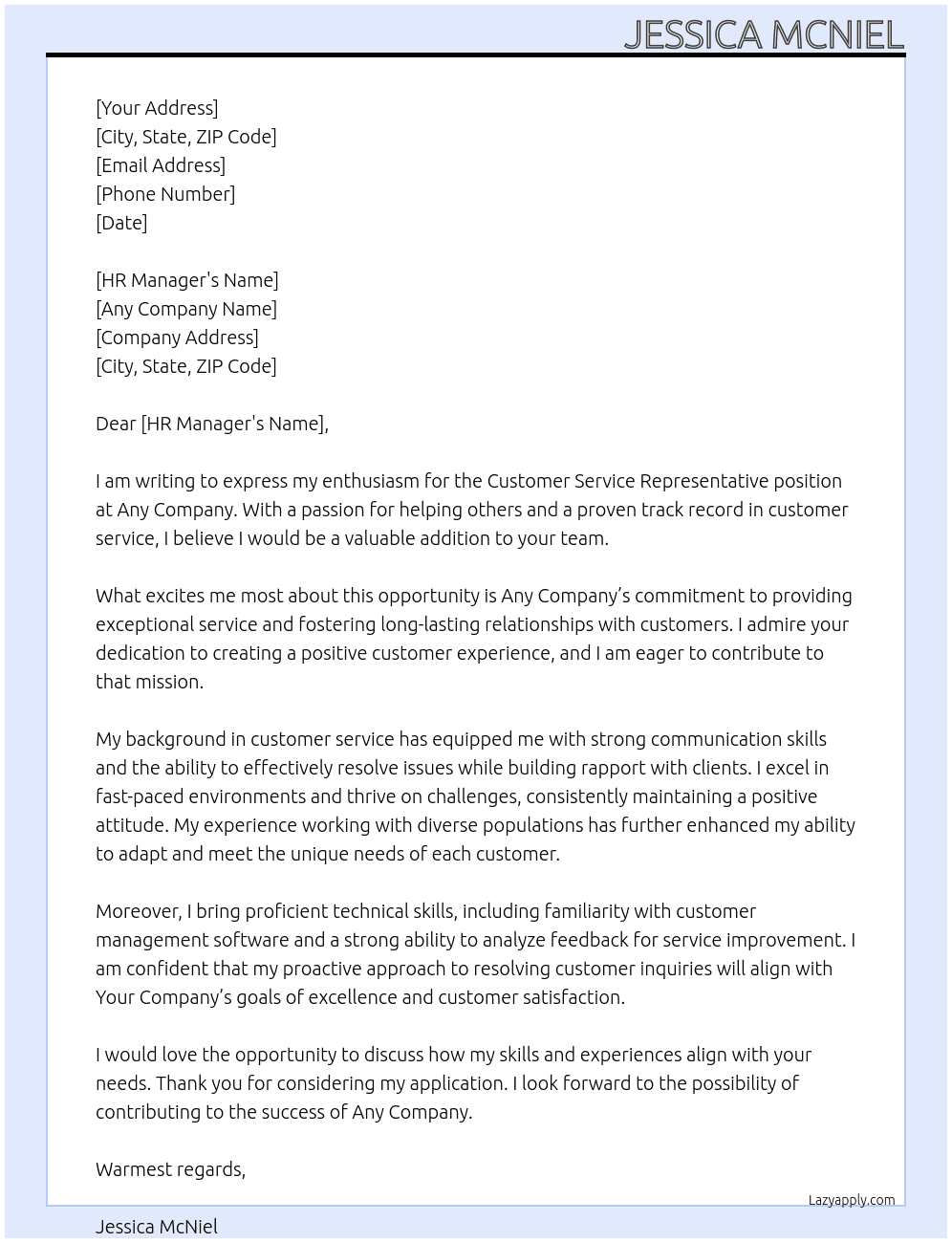 Customer Service Representative  At Any Cover Letter