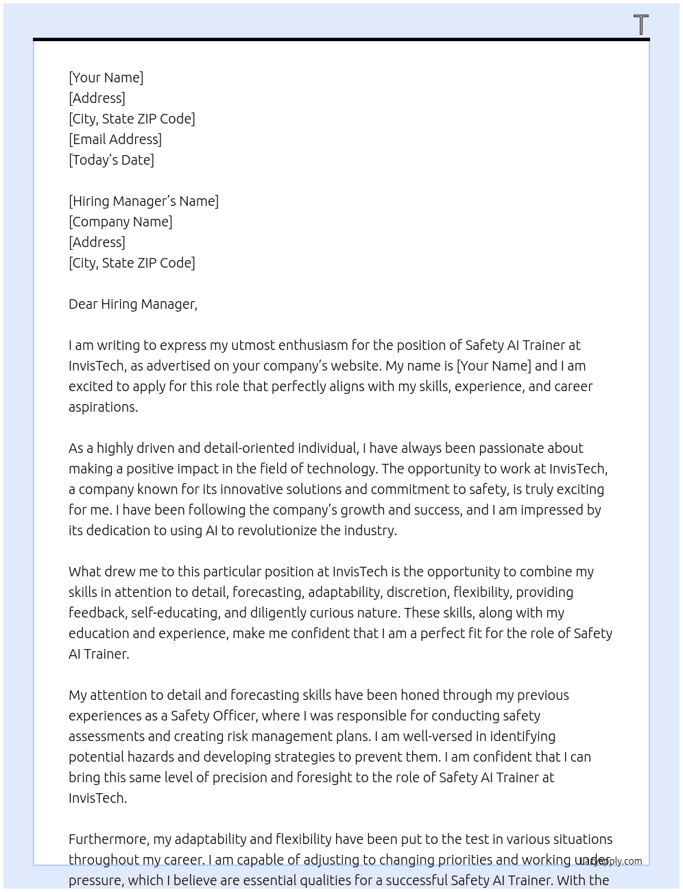 Safety AI Trainer At InvisTech Cover Letter