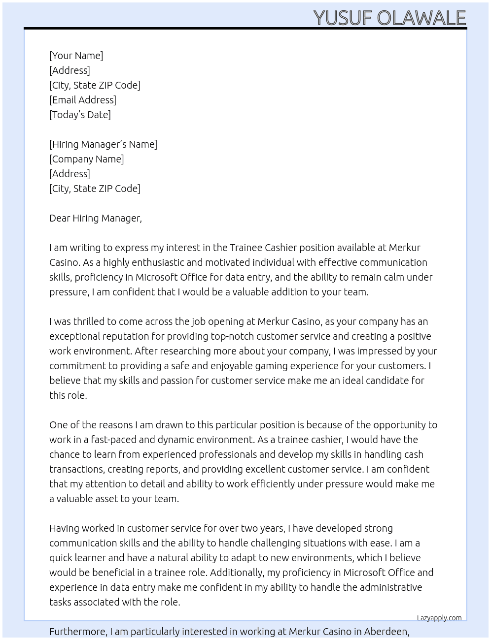 Trainee cashier At Merkur casino Cover Letter