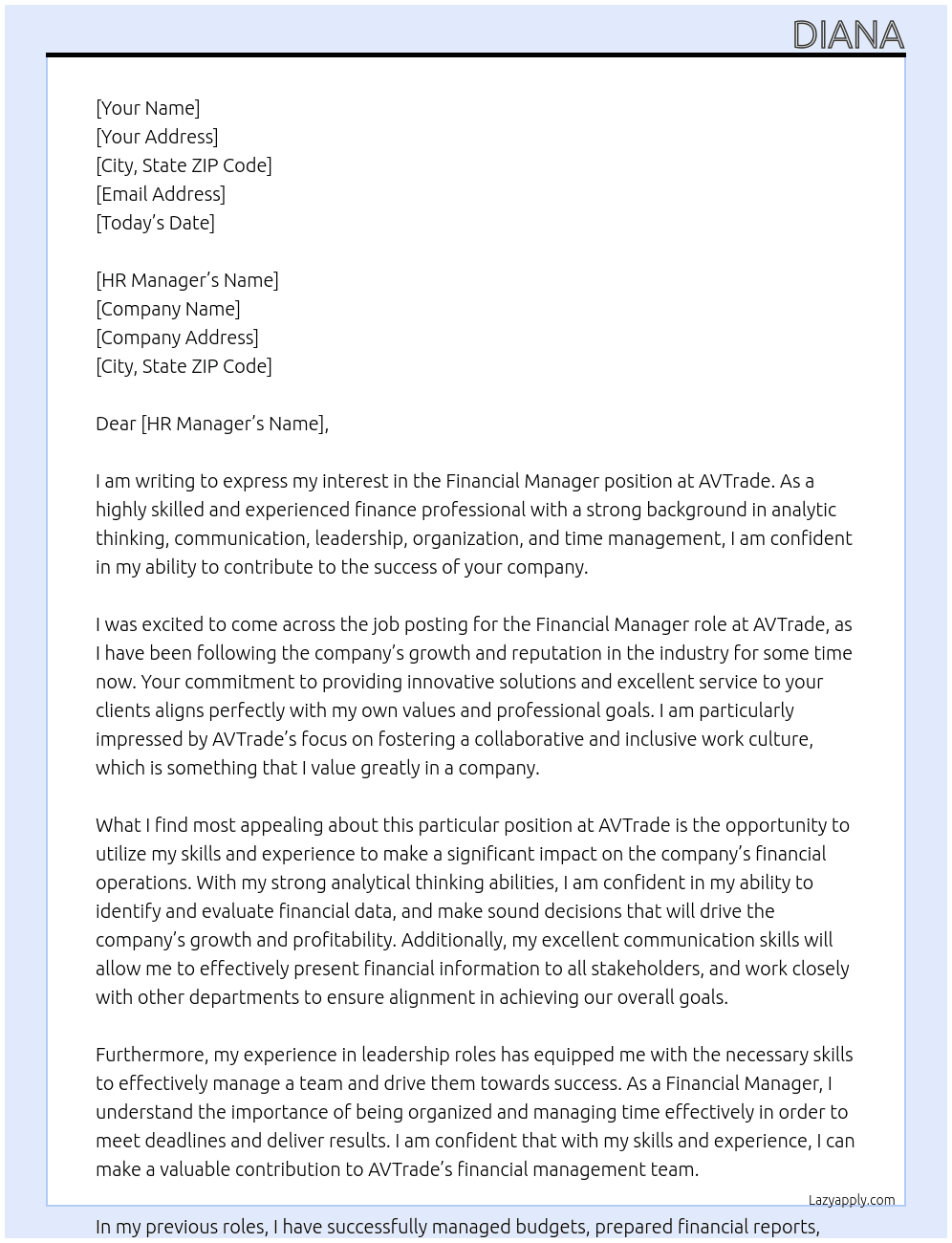 Financial Manager At AVTrade Cover Letter