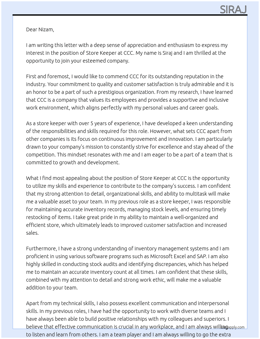 store keeper At ccc Cover Letter