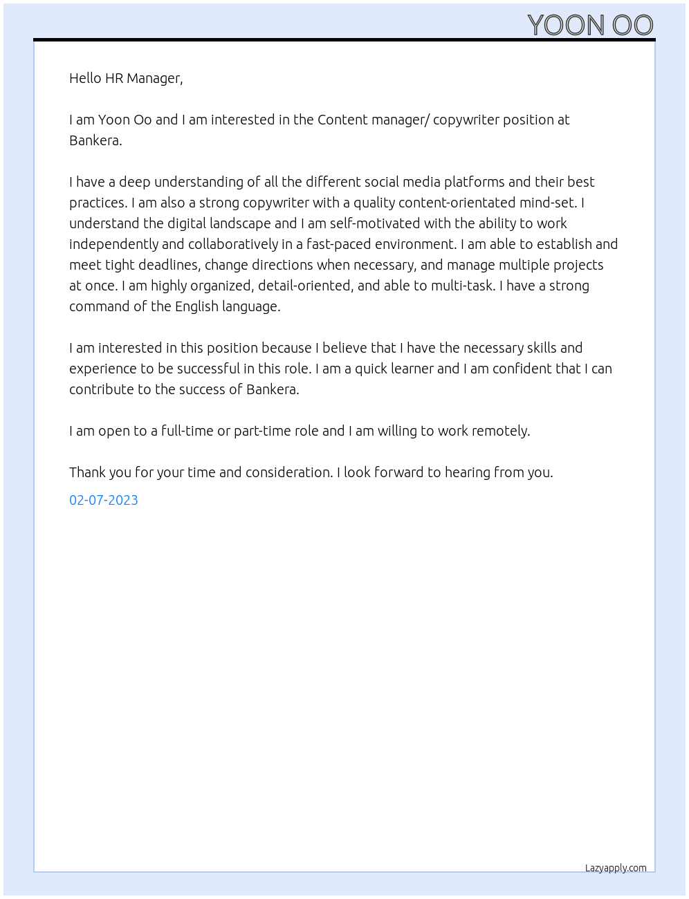 Content manager/ copywriter  At Bankera Cover Letter
