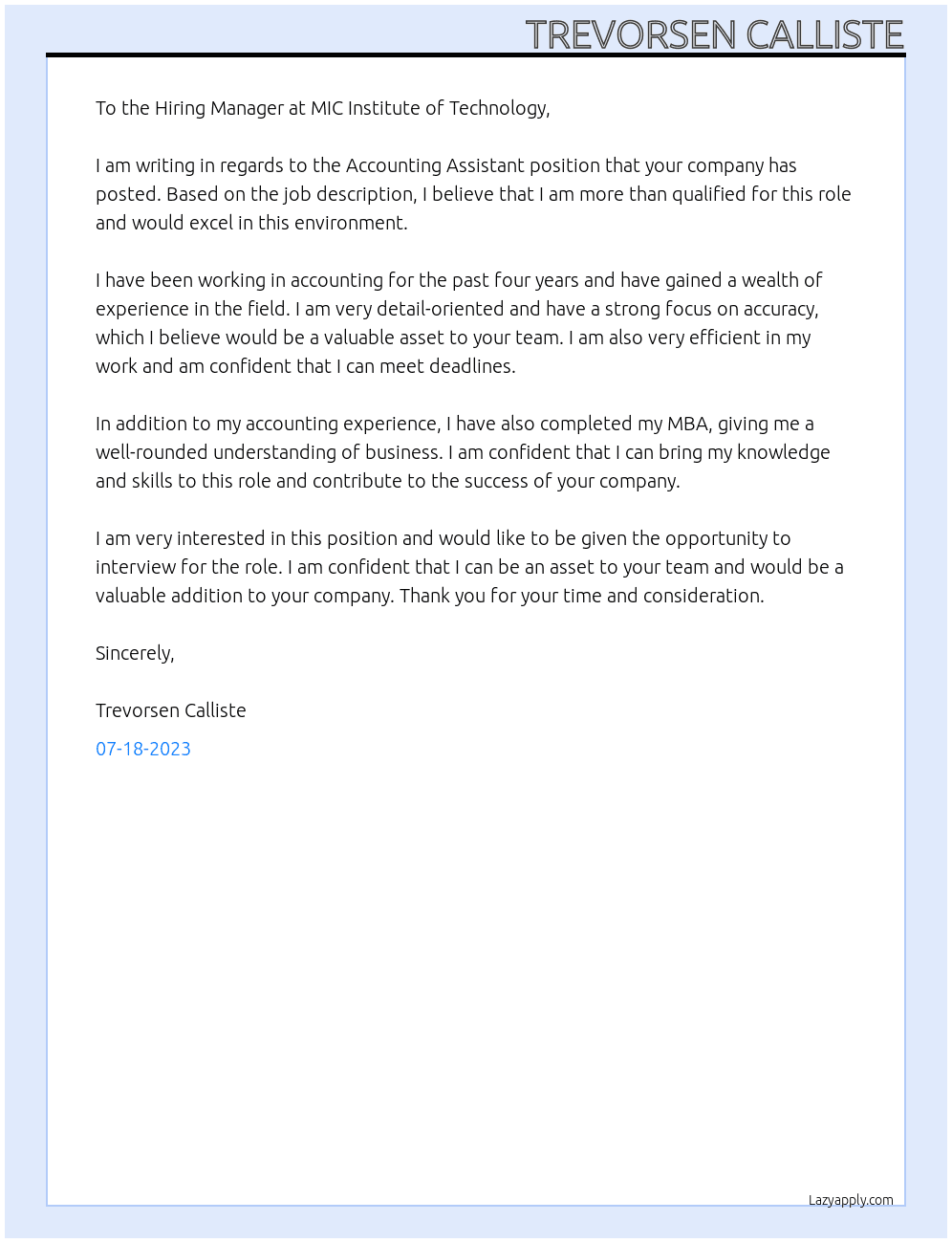 Accounting Assistant  At MIC Institute of Technology Cover Letter