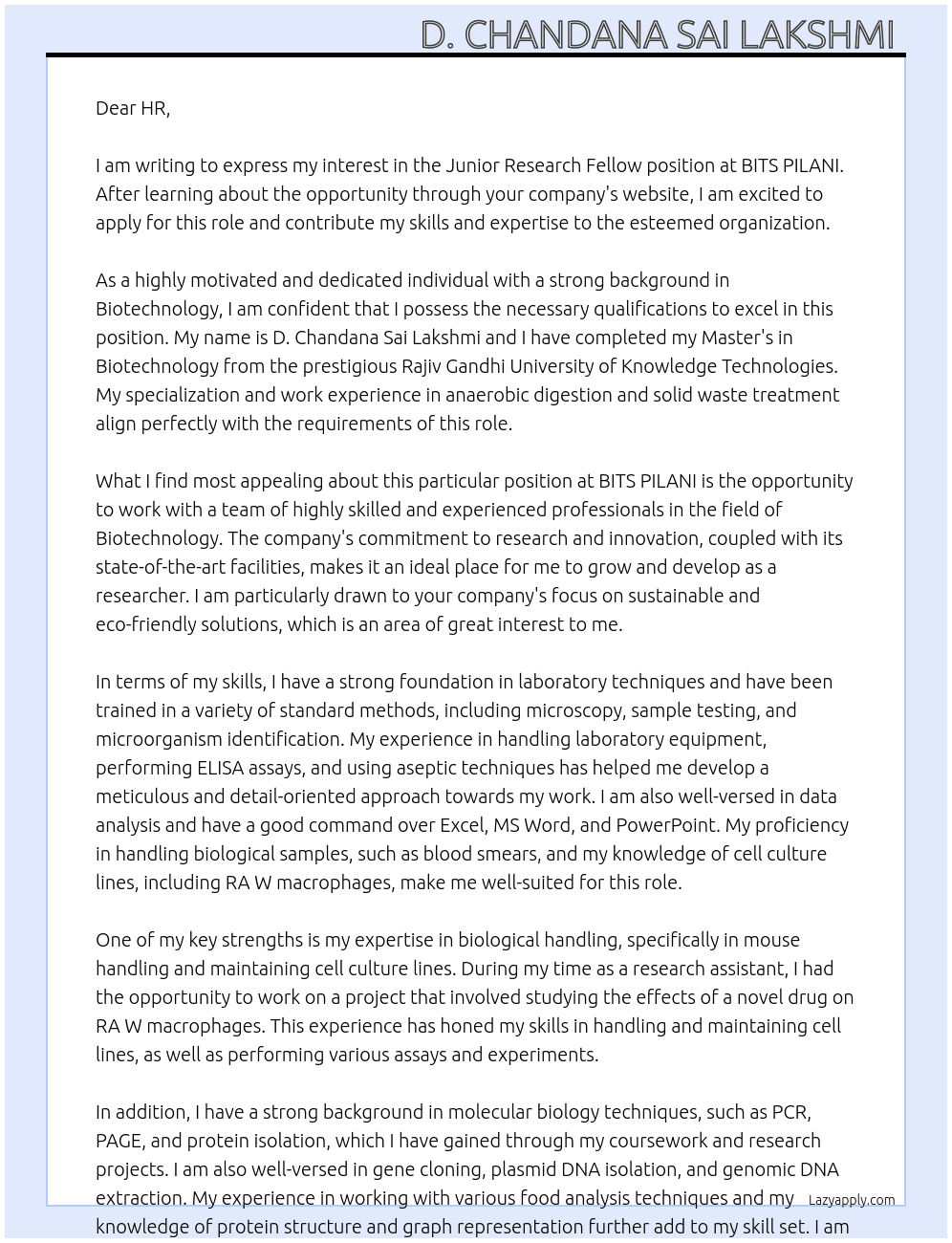 Junior Research fellow At BITS PILANI Cover Letter
