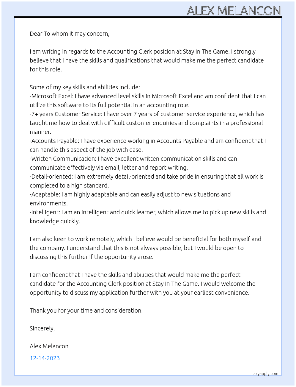 Accounting Clerk At Stay In The Game Cover Letter