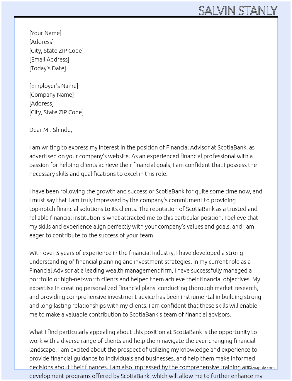 Financial Advisor At ScotiaBank Cover Letter