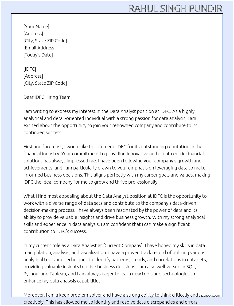 Data Analyst At IDFC Cover Letter