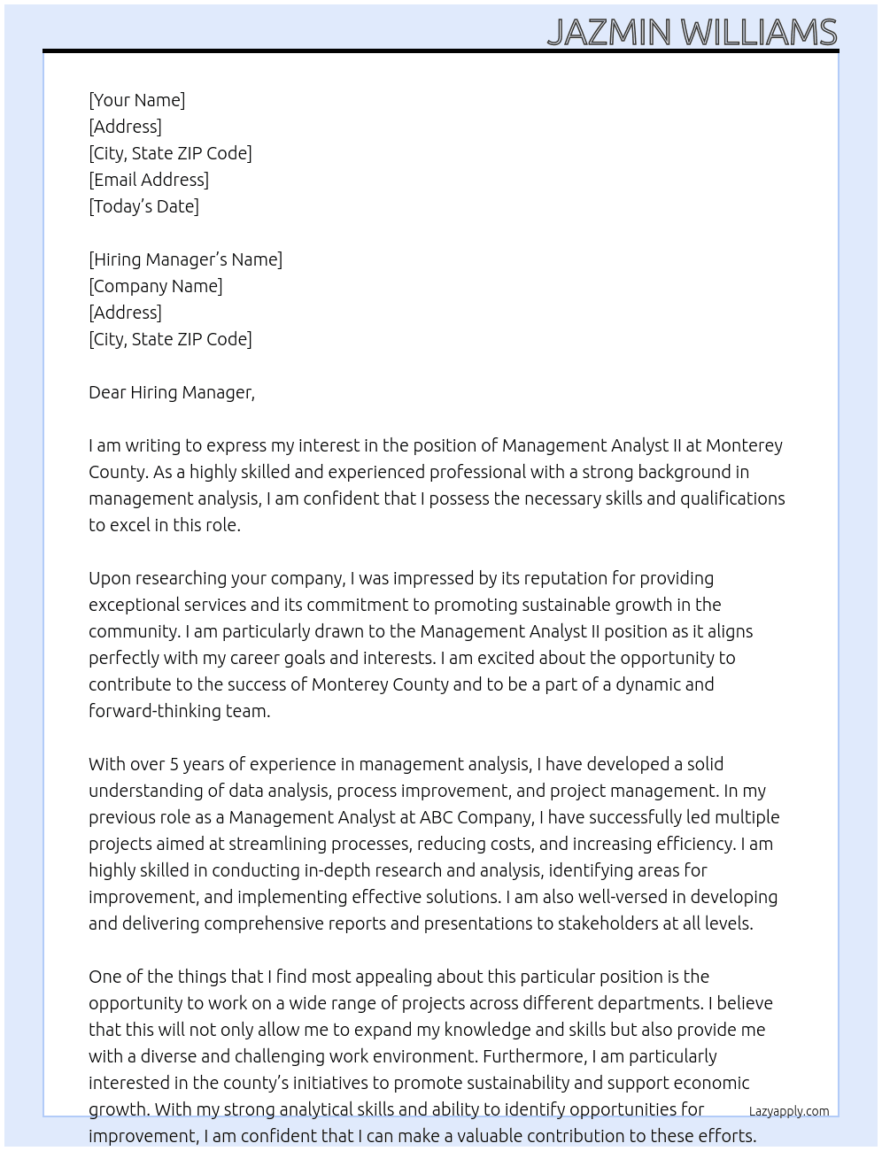 Management Analyst II At Monterey County Cover Letter