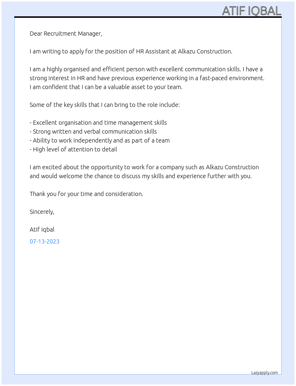 HR Assistant  At Alkazu Construction  Cover Letter