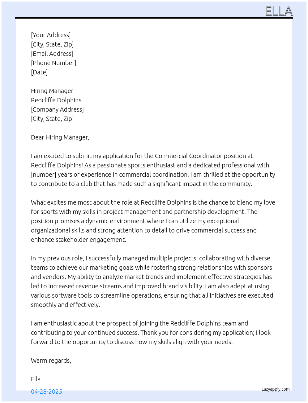 Commercial Coordinator At Redcliffe Dolphins Cover Letter