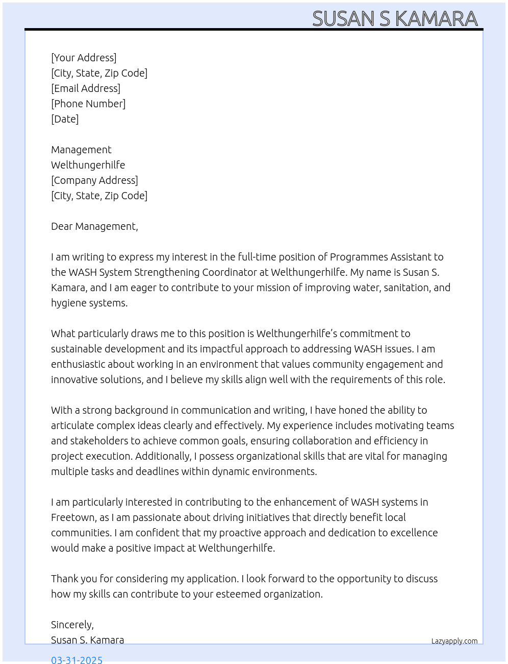 Cover letter for programmes assistant to wash system strengthening coordinator - LazyApply