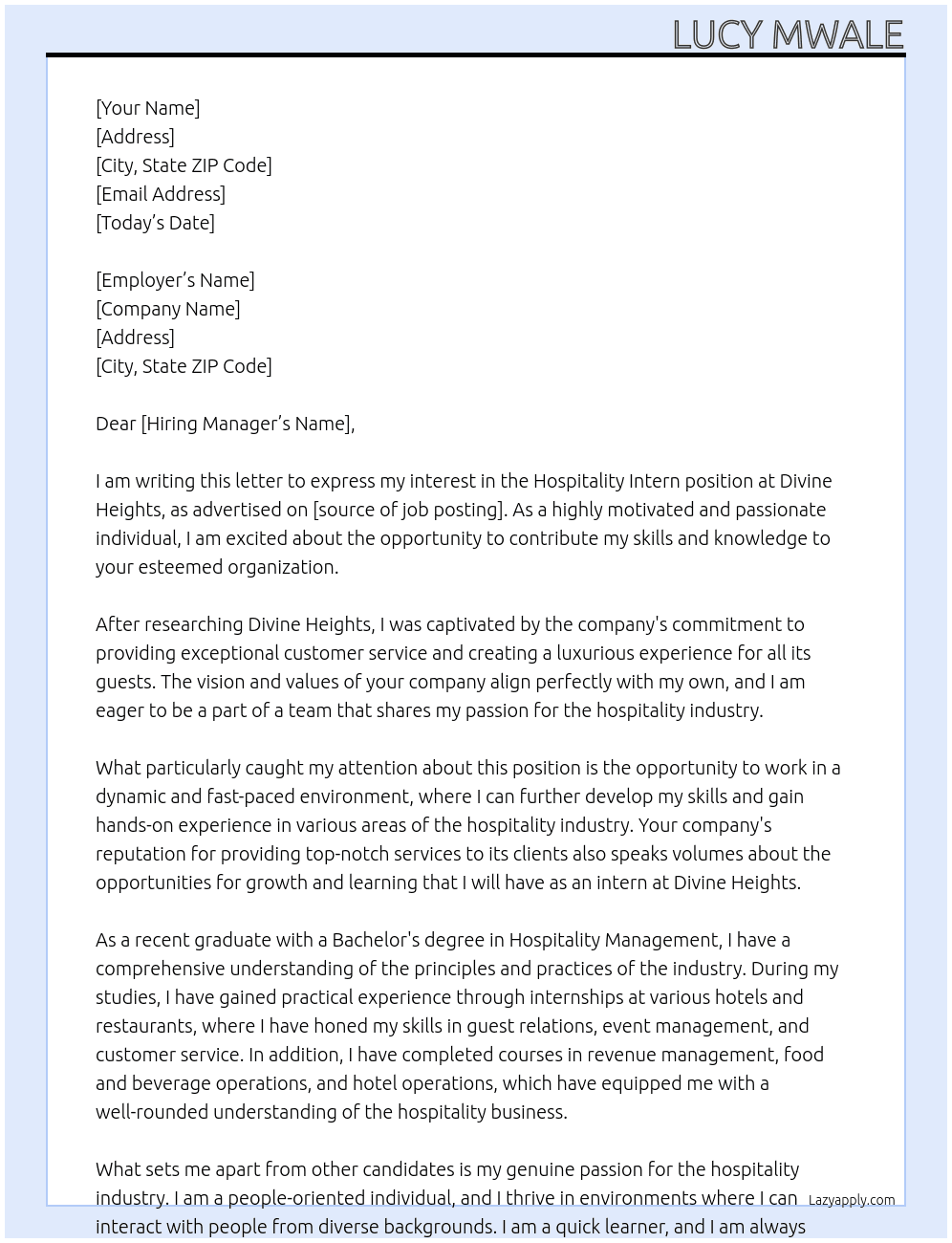 Hospitality Intern At Divine Heights Cover Letter