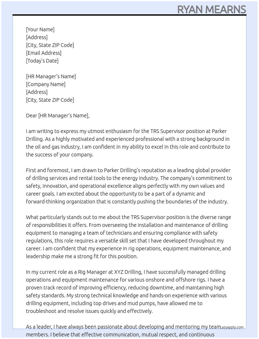 TRS SUPERVISOR  At Parker Drilling Cover Letter