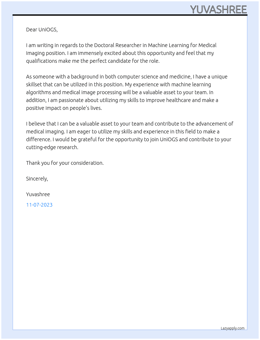 Doctoral Researcher in Machine Learning for Medical Imaging At University of Oulu Graduate School  Cover Letter