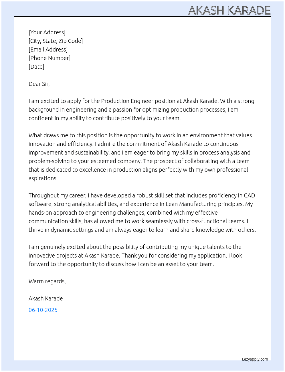 Production Engineer  At Akash Karade Cover Letter