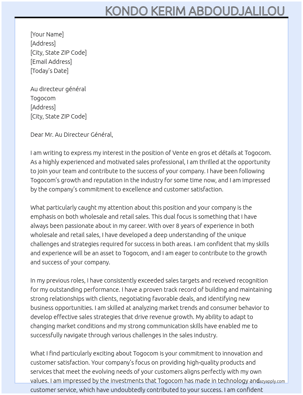 Vente en gros et détails  At Togocom  Cover Letter