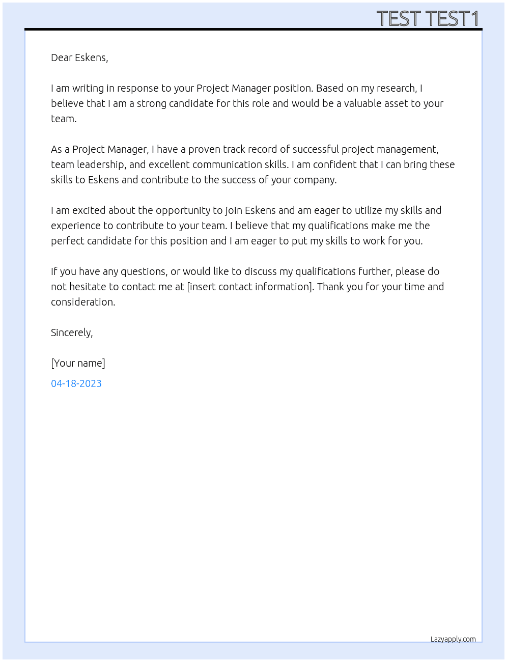 Project Manager At Eskens Cover Letter