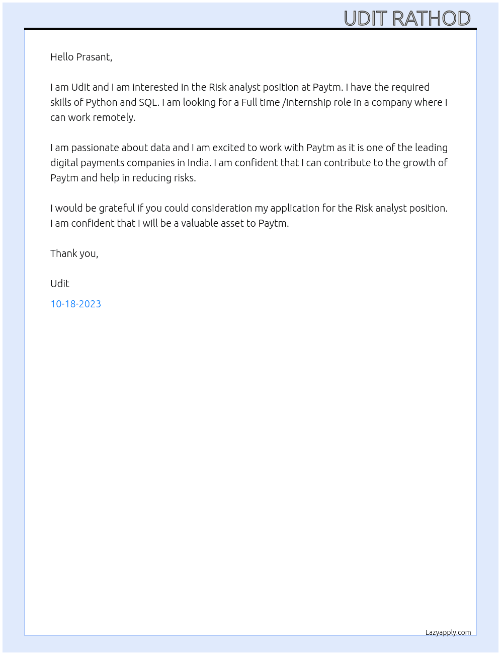 Risk analyst  At Paytm  Cover Letter