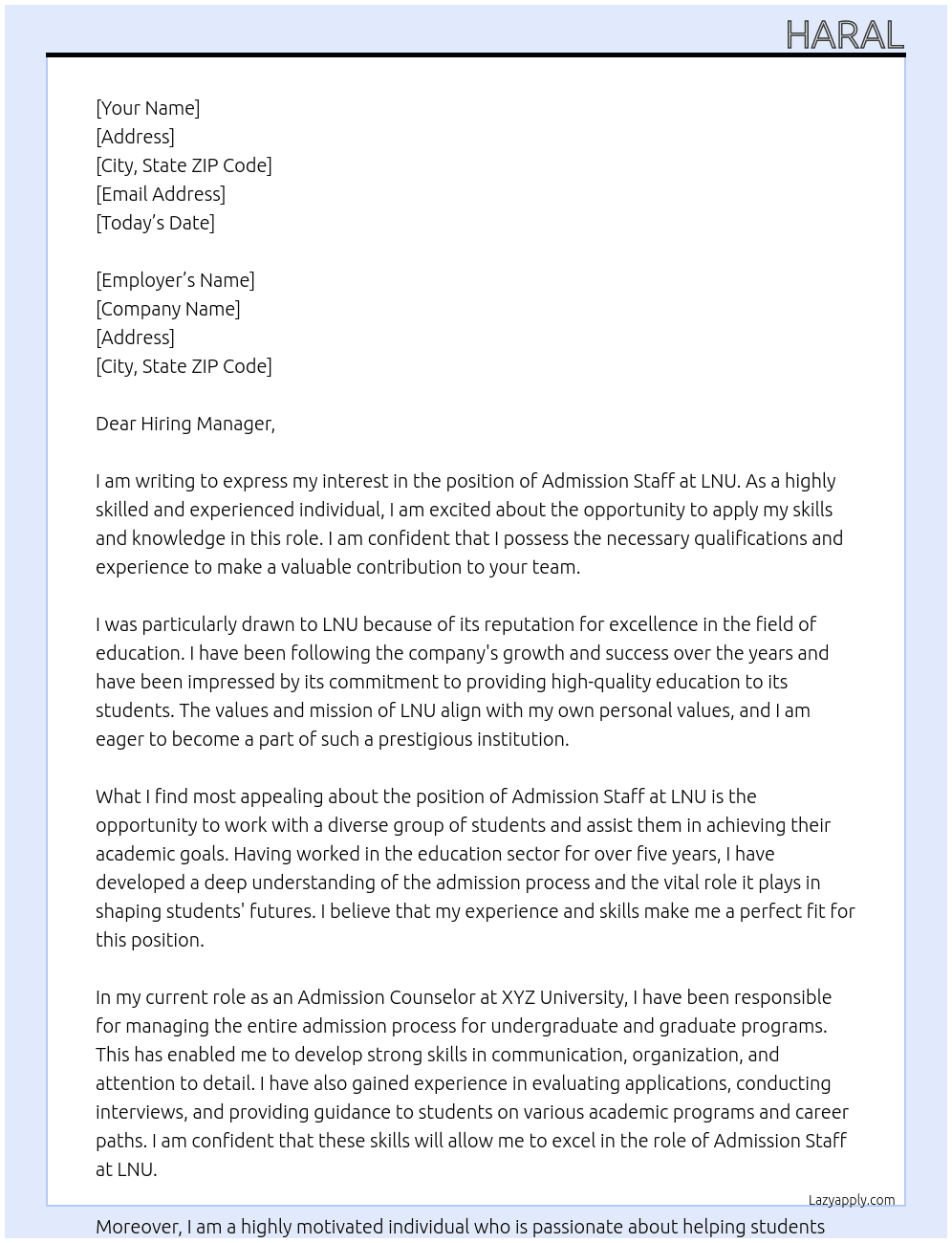 admission staff At lnu Cover Letter
