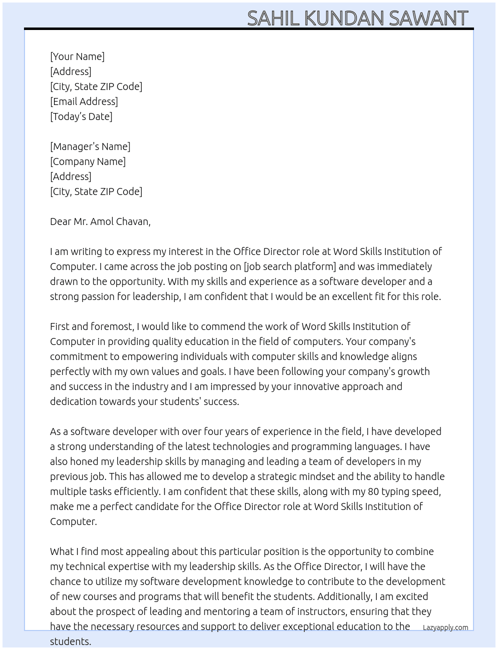 Office director  At Word skills institution of computer Cover Letter
