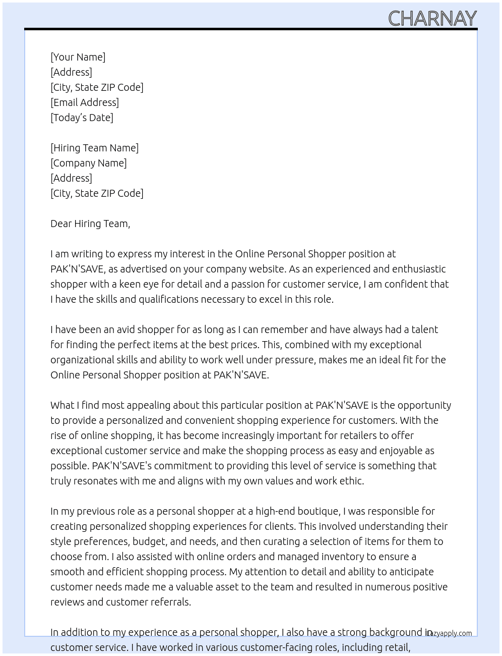 Online Personal Shopper At PAK'N'SAVE Cover Letter