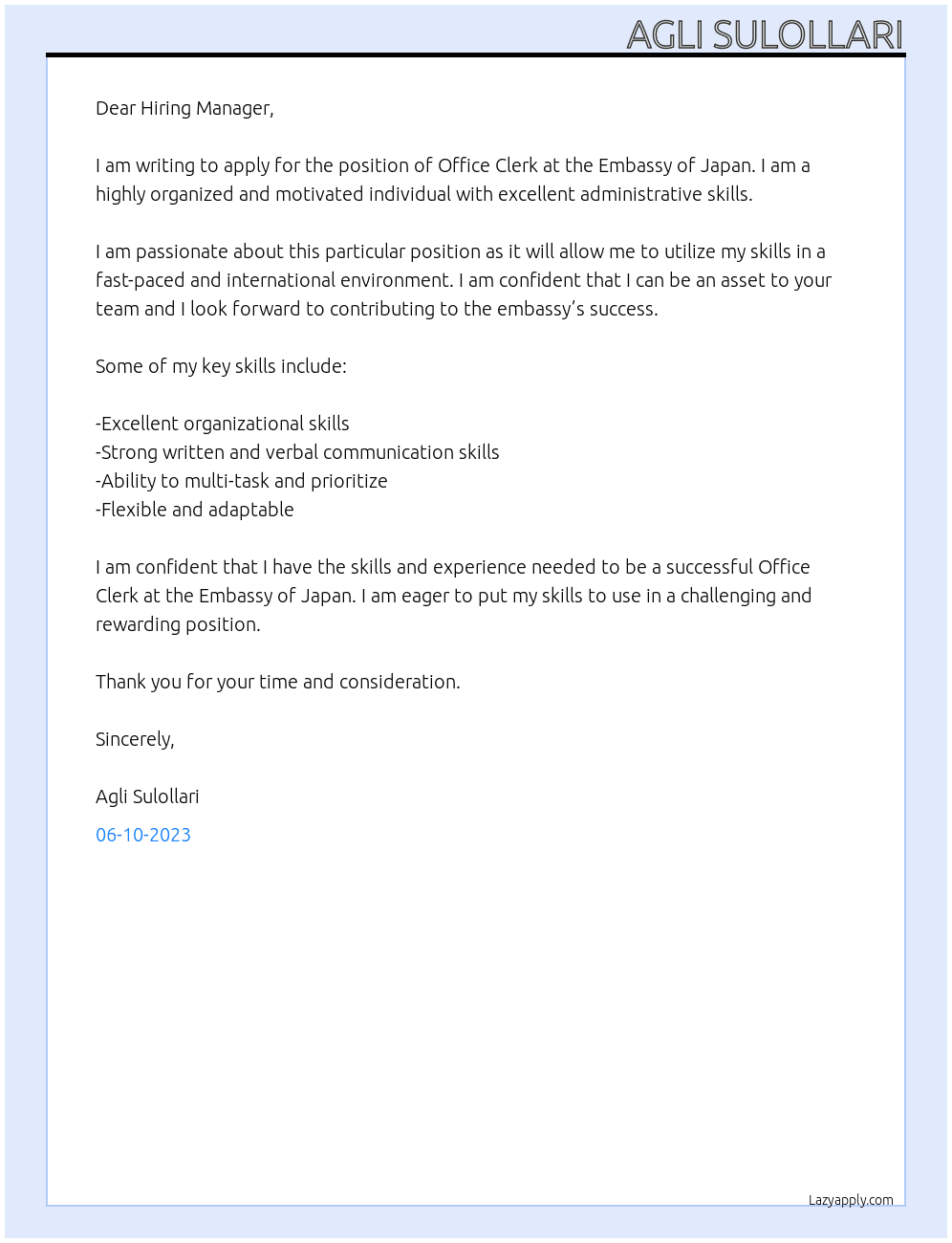 Office clerk At Embassy of Japan  Cover Letter