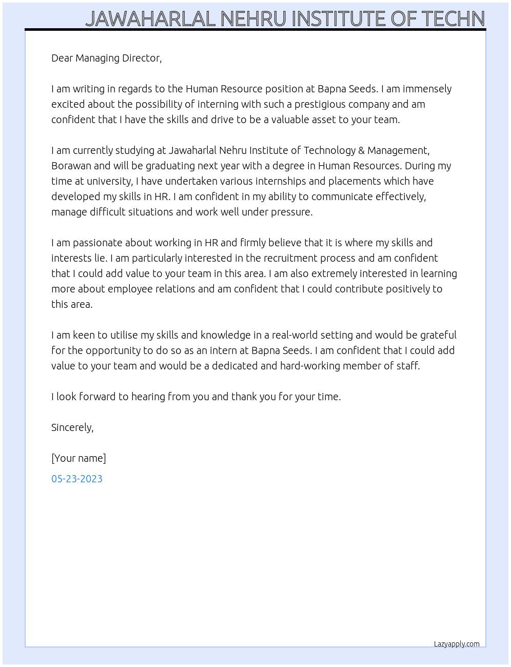 Human Resource  At Bapna Seeds Cover Letter
