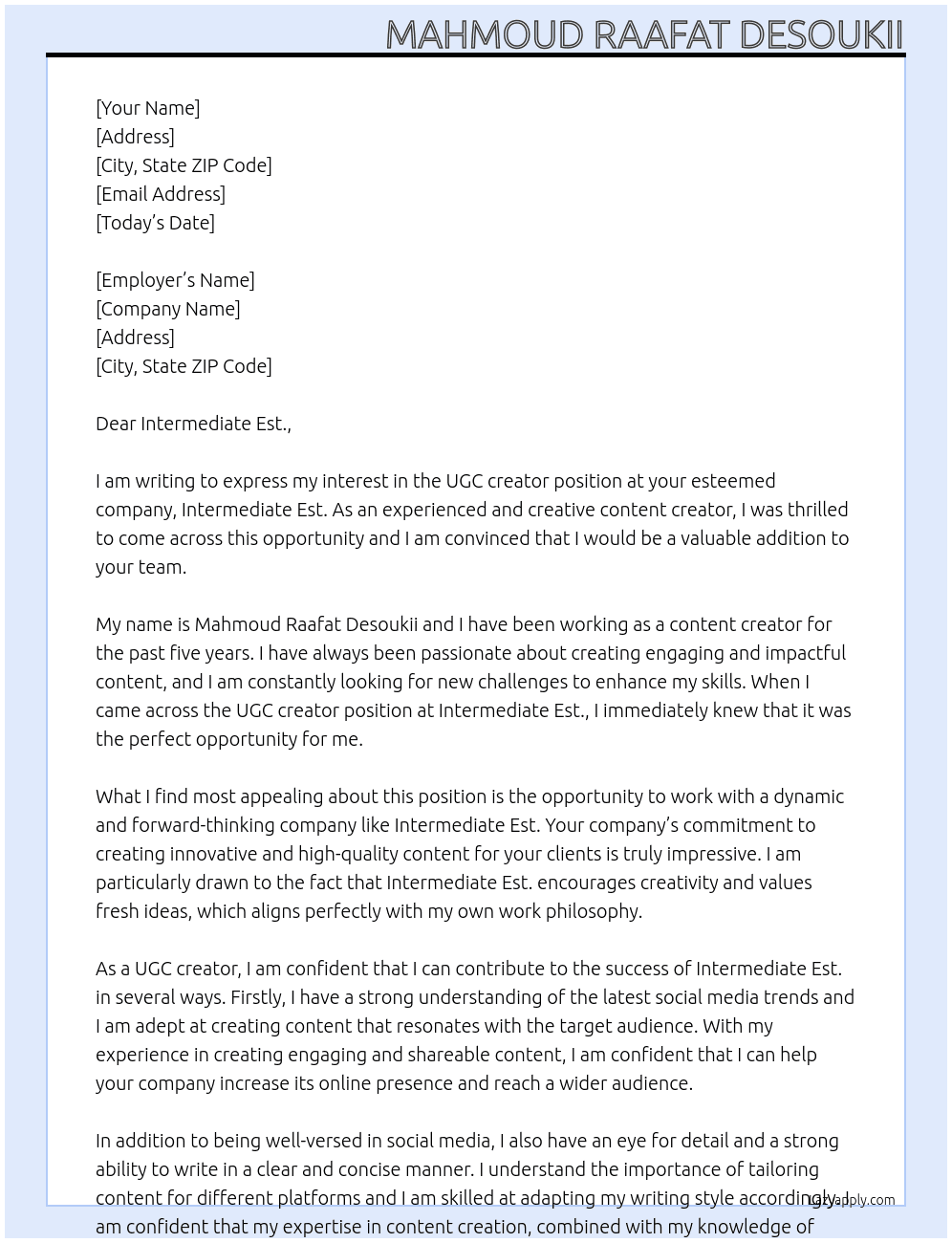 UGC creator  At Intermediate Est. Cover Letter
