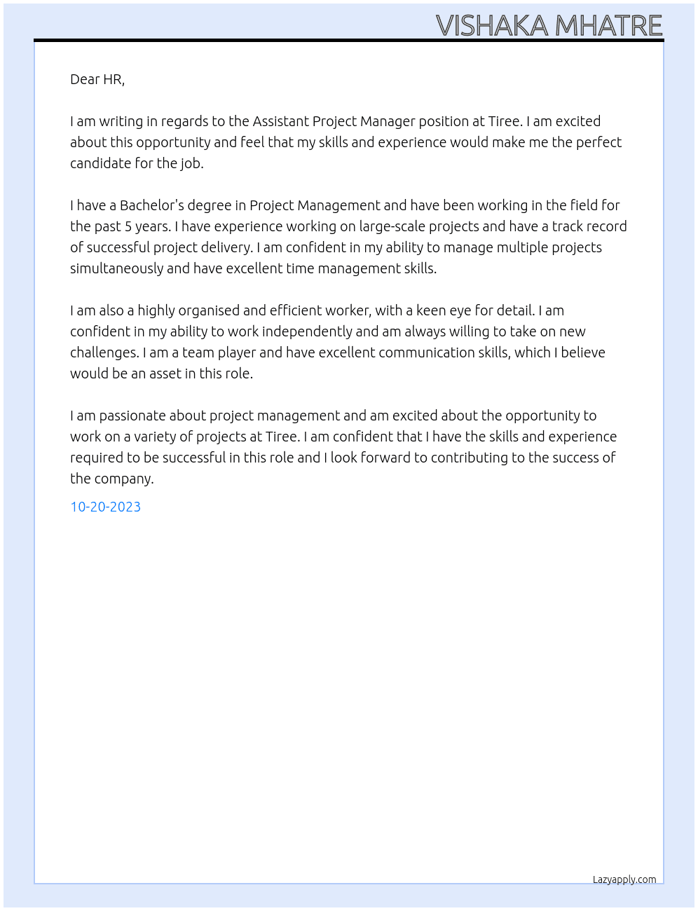 Assistant Project Manager, At tiree Cover Letter