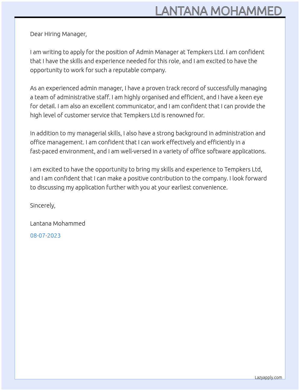 Admin Manager At Tempkers Ltd Cover Letter
