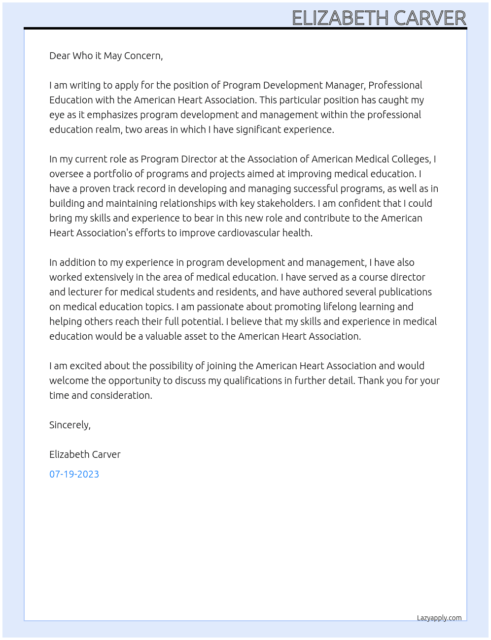 Program Development Manager, Professional Education At American Heart Association Cover Letter