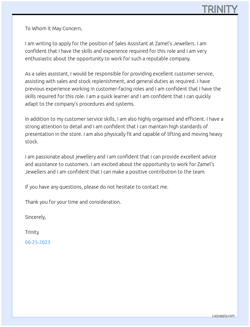 Sales Assistant At Zamel's Jewellers Cover Letter