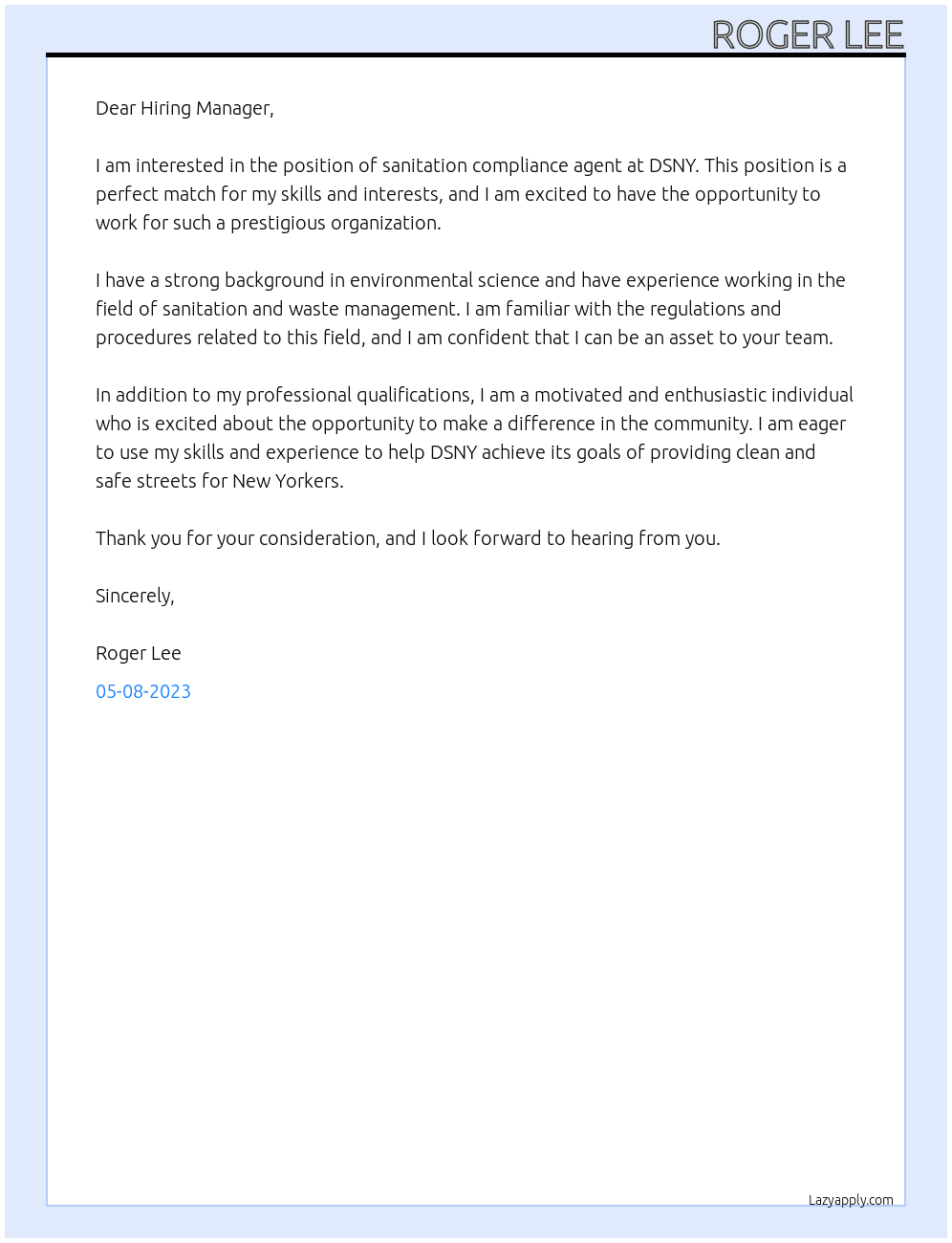 sanitation compliance agent At DSNY Cover Letter