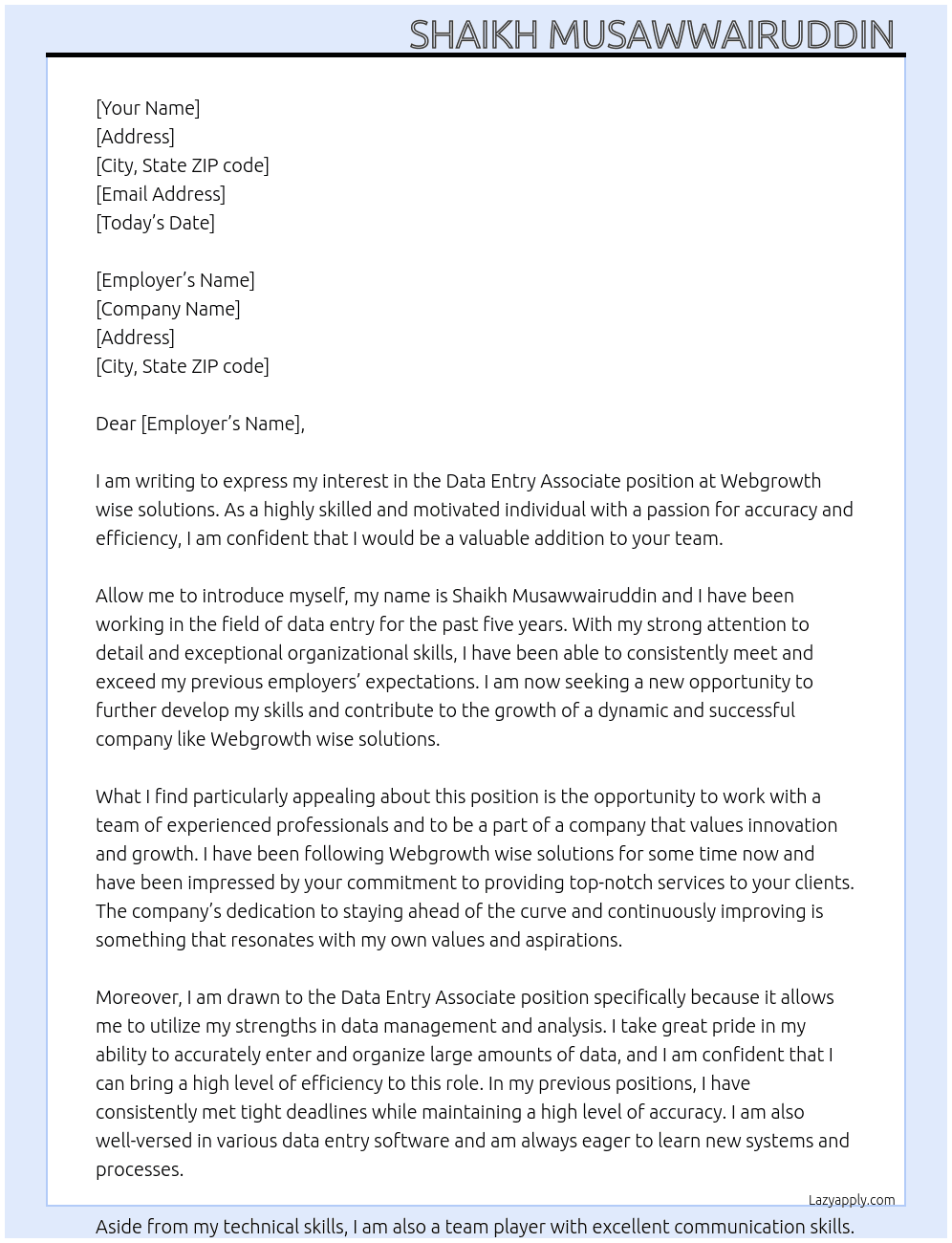 Data entry associate At Webgrowth wise solutions Cover Letter