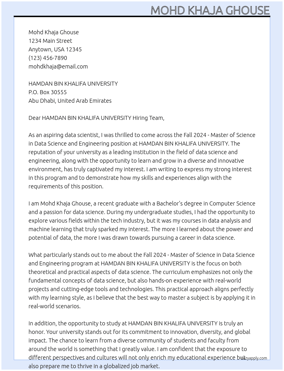 Fall 2024 - Master of Science in Data Science and Engineering At HAMDAN BIN KHALIFA UNIVERSITY  Cover Letter