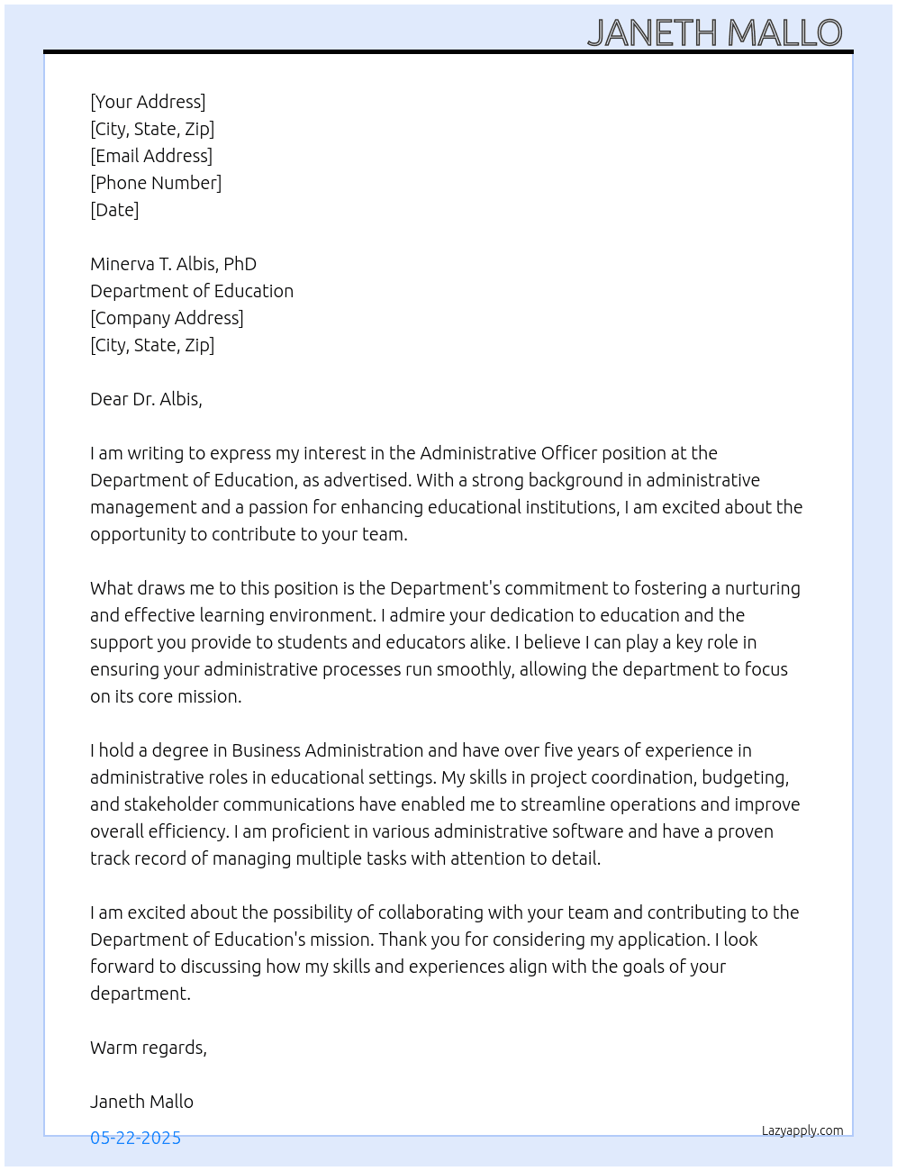 Administrative officer  At Department of Education  Cover Letter