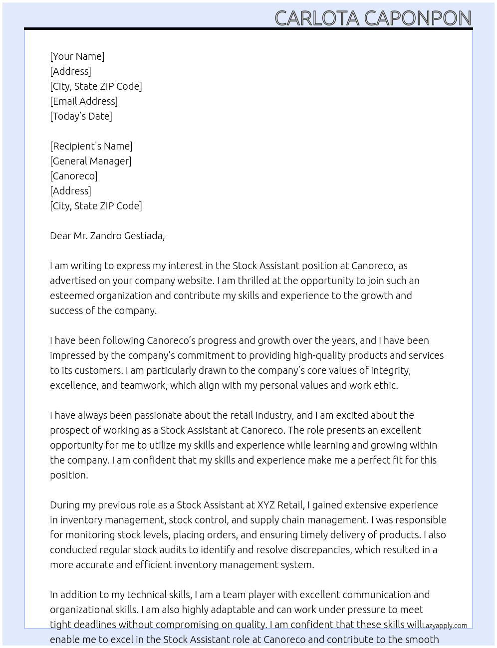 Stock assistant  At Canoreco  Cover Letter