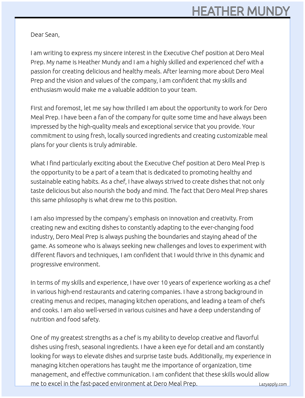 Executive Chef At Dero Meal Prep Cover Letter