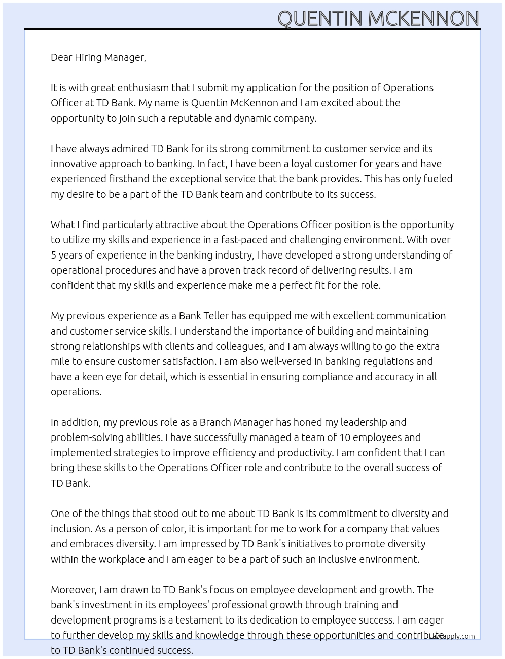 Operations Officer At TD Bank Cover Letter