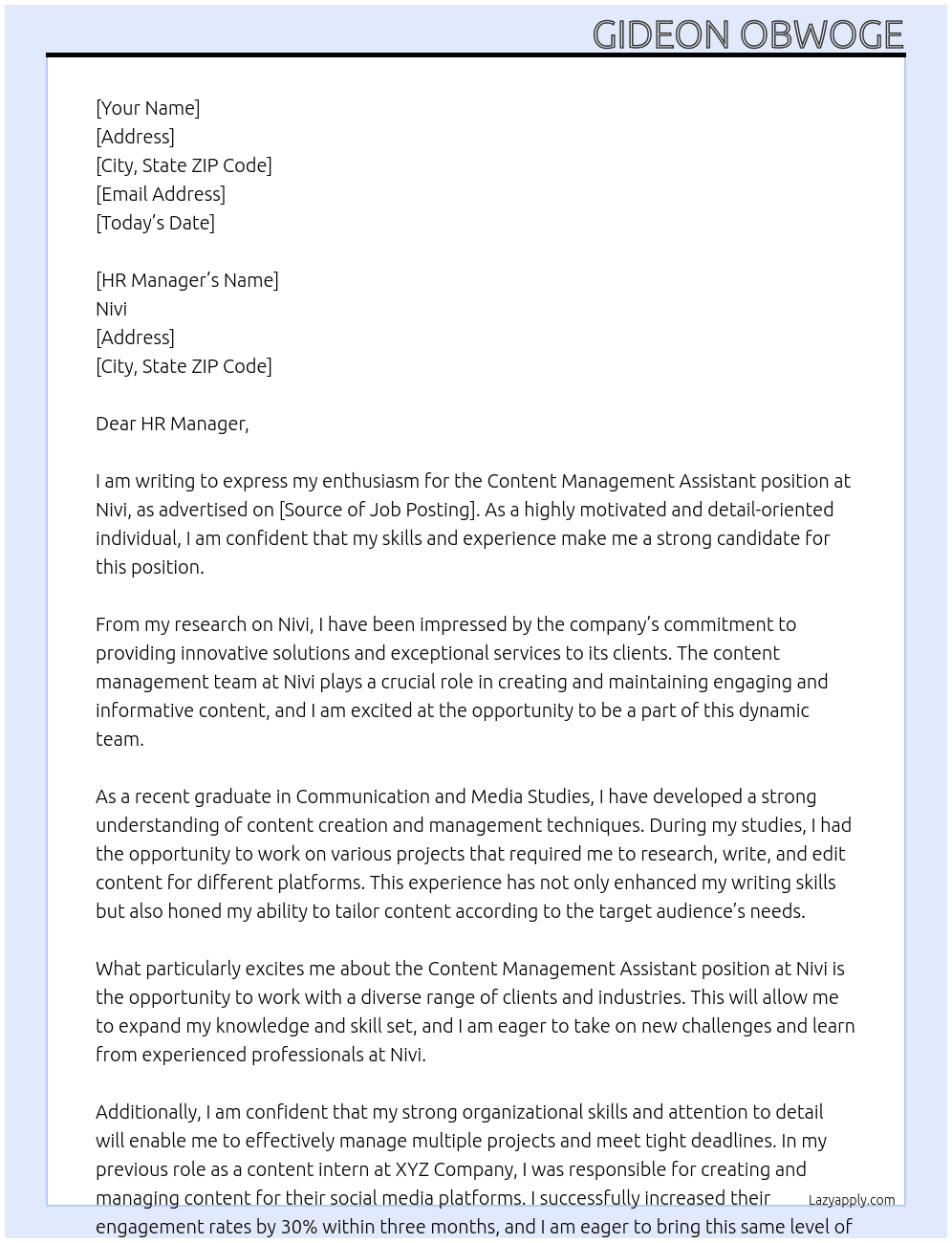  30 May 2024 Content Management Assistant At Nivi Cover Letter