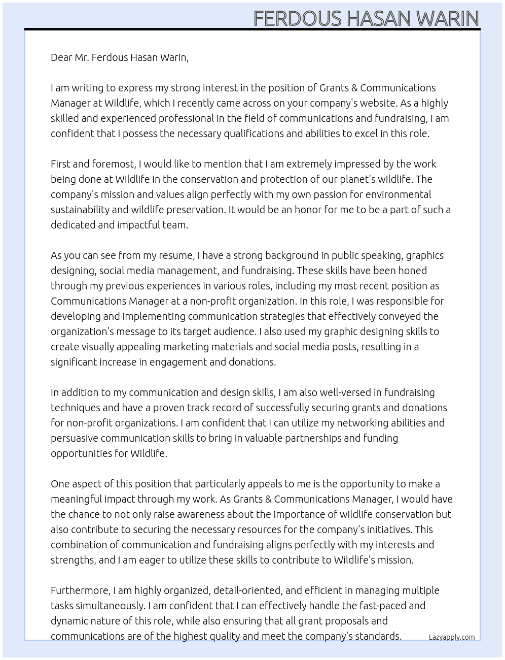Grants & Communications Manager At Wildlife Cover Letter