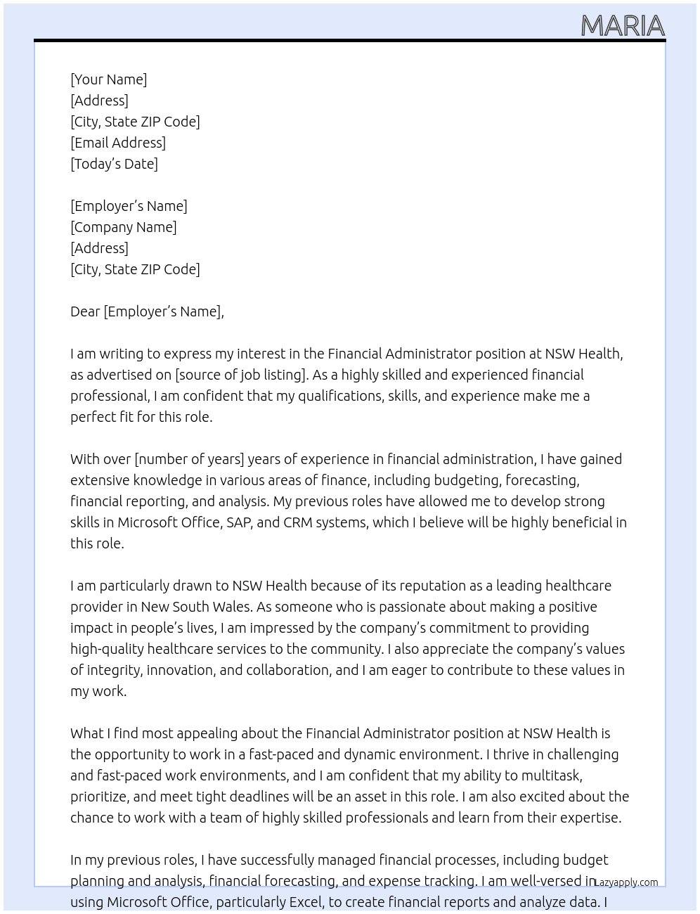Financial Administrator At NSW Helath Cover Letter