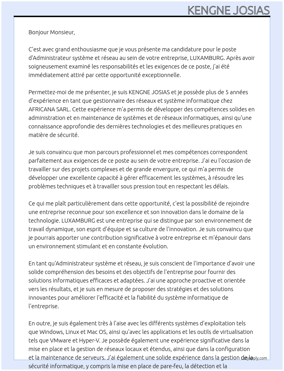 Cover letter for systeme administrator - LazyApply
